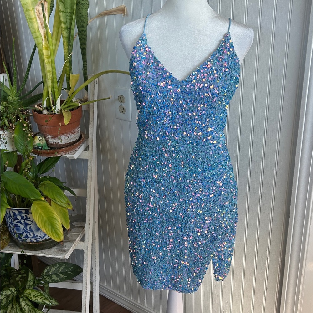 Blue Sequin Halter Dress